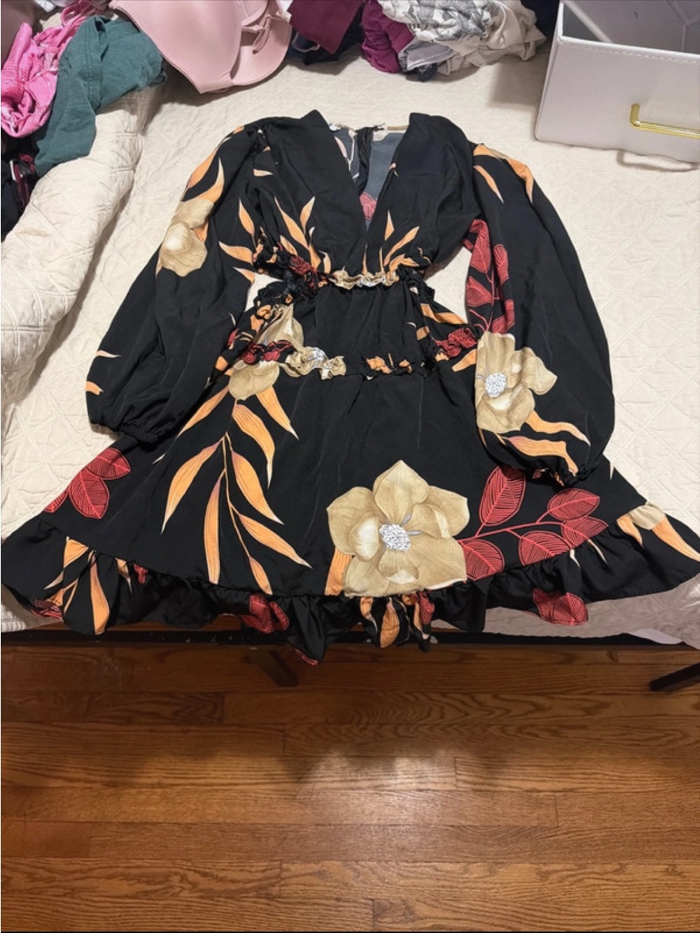 Black Floral V-Neck Ruffle Hem Women's Dress